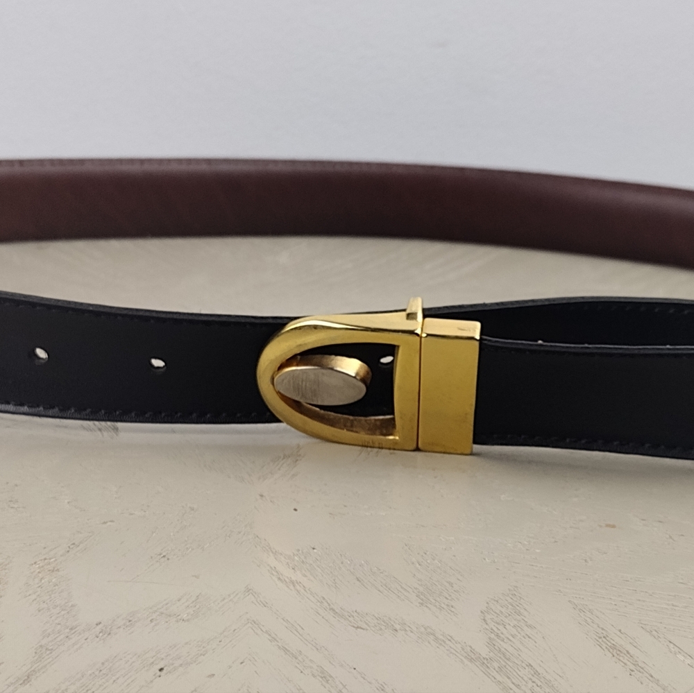 Elegant Black and Brown Leather Belt with Gold Buckle